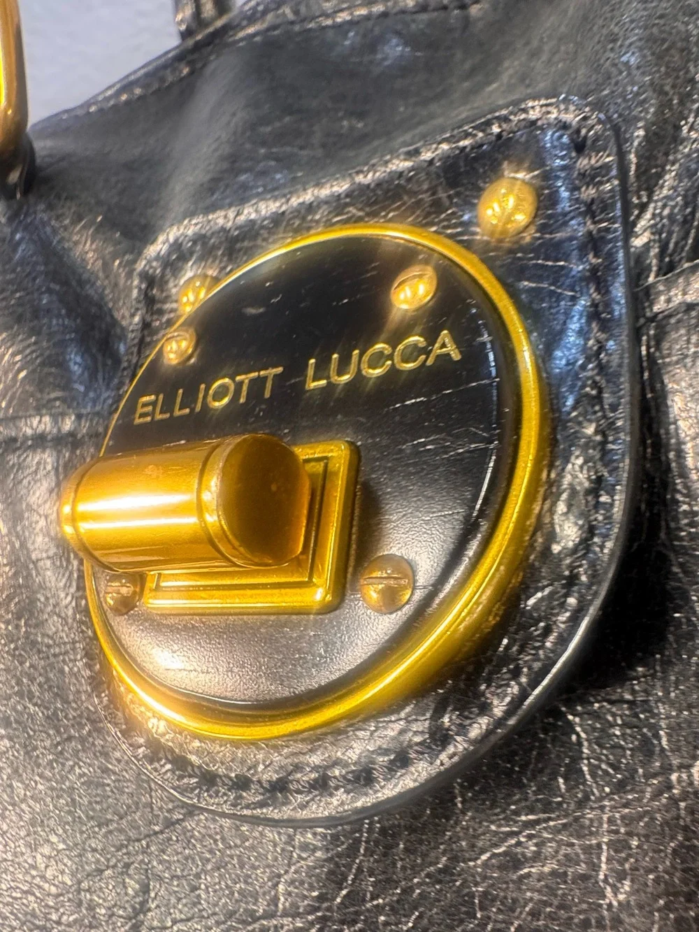 Elliott Lucca Black Leather Satchel Crossbody Gold Turn Lock Shoulder Bag